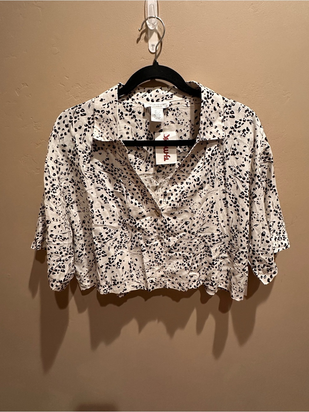 iris Cream Button-Down Cropped Shirt with Black Spot Print